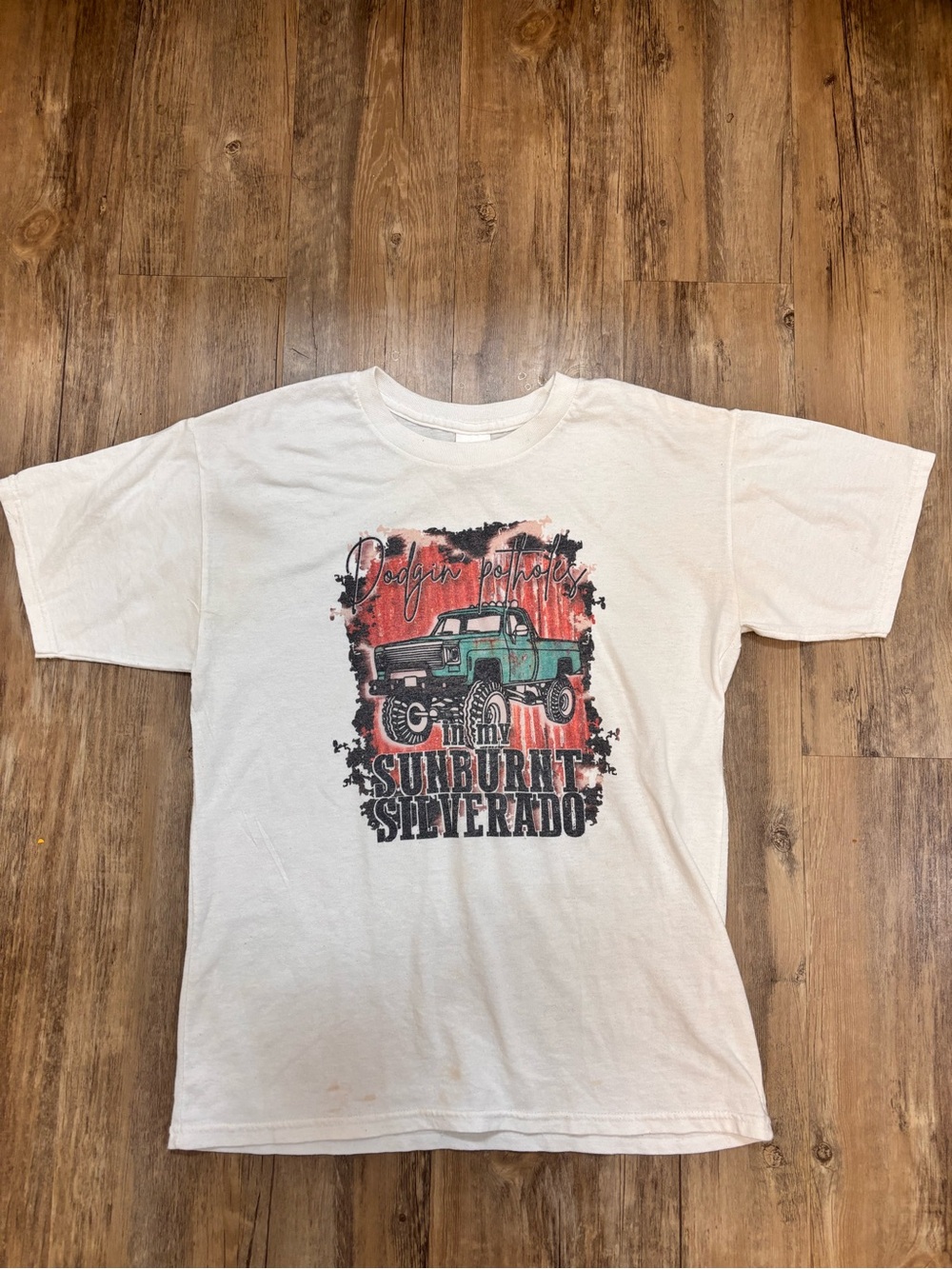 Hanes Sunburnt Silverado White Graphic Tee with Teal Truck Youth xl/Womenโs xs